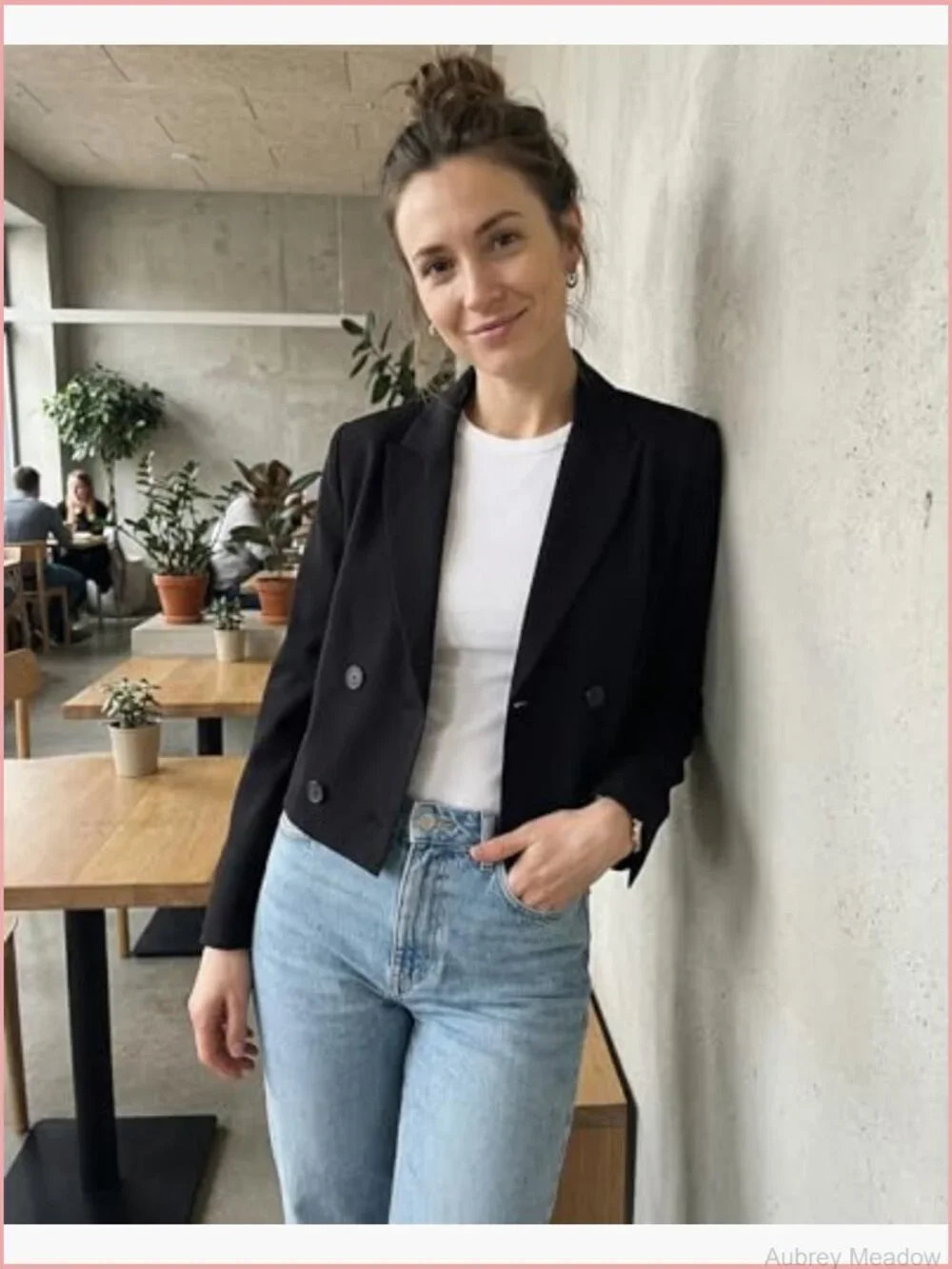 Double Breasted Cropped Blazer Jacket - Notched Lapel Long Sleeve Casual Office